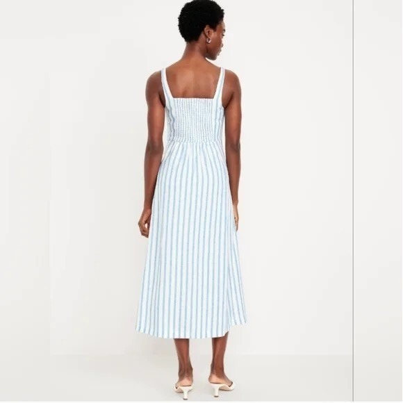 Old Navy Fit & Flare Sleeveless Linen Blend Blue White Stripe Midi Dress: L EUC - Picture 5 of 13